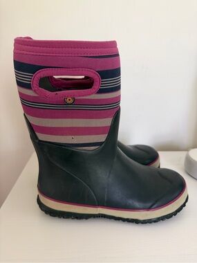 Bogs Girls Black and Pink Striped Rain Boots